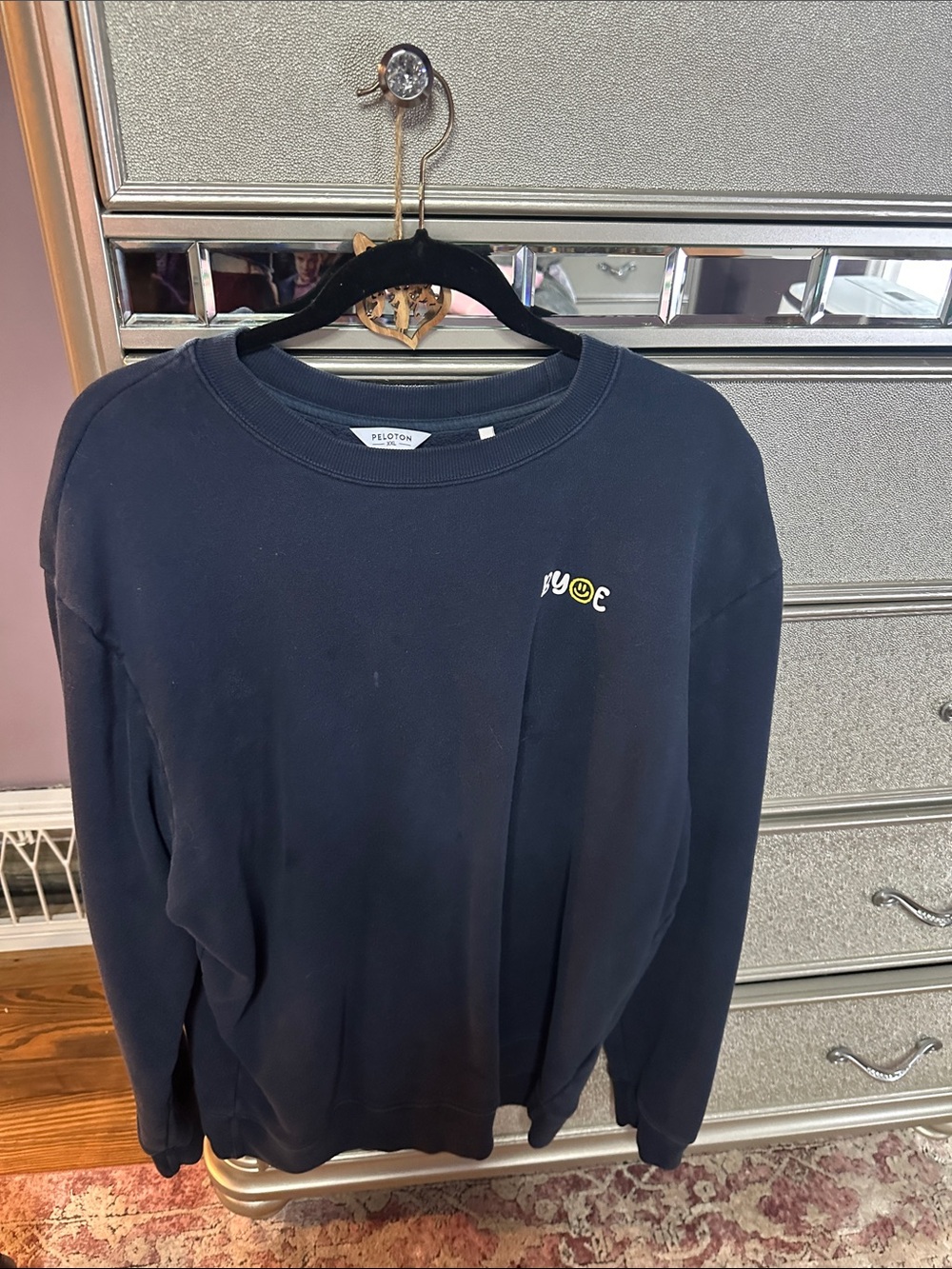 Peloton Woman’s Navy Crewneck Sweatshirt with Small Yellow Embroidered Smiley
